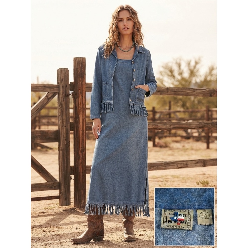 Dont Mess With Texas Denim Fringe Maxi‎ Dress and Jacket Set Blue Medium Vintage